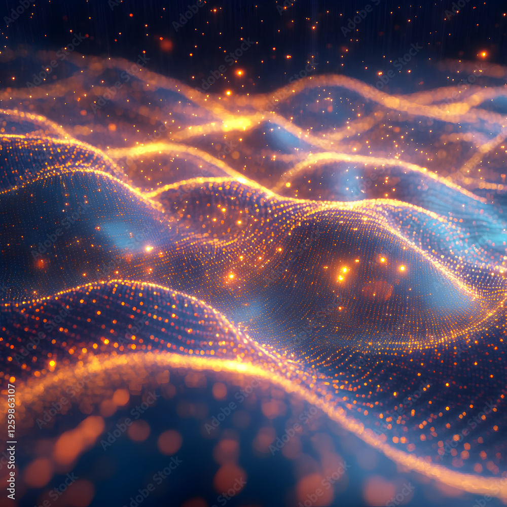Poster glowing particle waves: abstract digital art of glowing particle waves undulating across a dark back