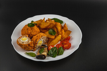 Crispy fried potatoes and cherry tomatoes with fresh herbs