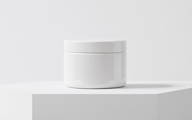 A white jar sits on a white surface