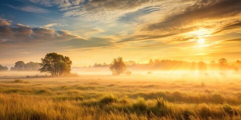 Obraz premium Soft golden light spreads over the misty grassland at dawn, peaceful scene, cloudy sky, peaceful scene