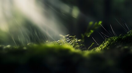Enchanting moss covered ground in a lush verdant landscape with soft light filtering through the foliage creating a serene and magical atmosphere  This natural