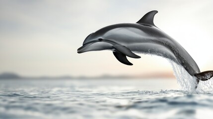 Obraz premium a dolphin jumping out of the water with its mouth open, against a backdrop of a bright blue sky The image is animated, giving the impression of movement and life