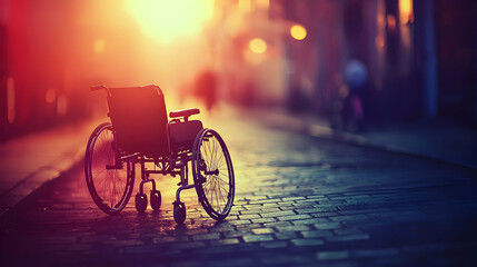 Sunset Solitude: Wheelchair on Cobblestone Street