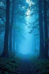 Naklejka premium Softly glowing blue fog surrounds a mystical forest, dreamy, mystical, soft blue