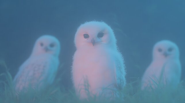 Captivating trio of snowy owls perched amidst the serene and tranquil winter landscape their ethereal presence creating a mystical and enchanting atmosphere - Powered by Adobe