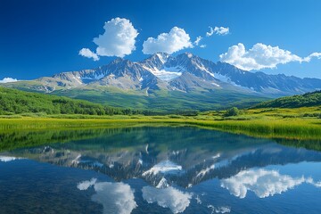 Mountain Reflection in Pristine Lake Under Blue Skies