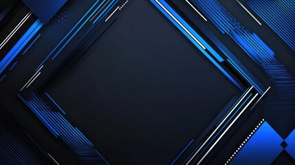 Obraz premium Bold Blue lines and triangles on a dark background. Geometric design for banner template with white space in the center for text. Modern minimalist wallpaper with copy space.