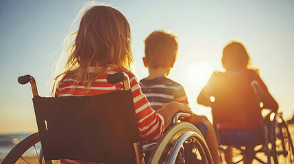 Sunset Serenity: Children in Wheelchairs Enjoying Beach View