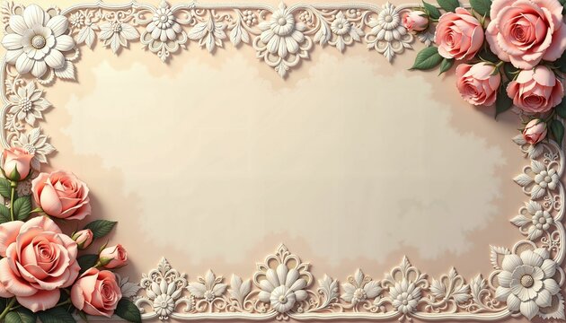 Lace wedding border.  Floral frame with pink roses and decorative border