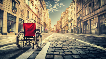 A Red Wheelchair on an Empty Cobblestone Street in Europe