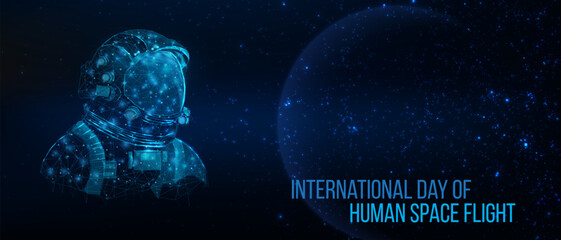 National day of human space flight concept. Futuristic modern abstract planet and astronaut on blue background. Vector illustration. © Elena