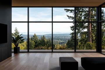 Interior view of a mountain range from a house with trees in the background
