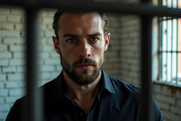 Fototapeta premium Man viewed through barred window