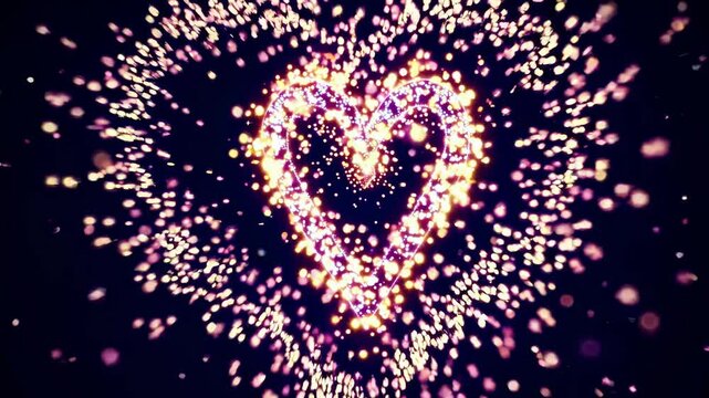 Aerial view of a heart-shaped explosion of colorful particles against a dark background, resembling a festive fireworks display in a video.