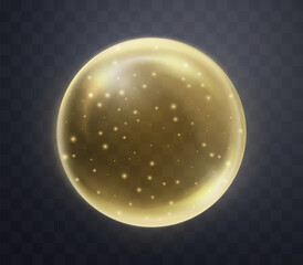 Gold magic fantasy sphere. Crystal ball with glowing sparkles and particles. Energy orb with glow flare light effect. Isolated on transparent background. Vector illustration.