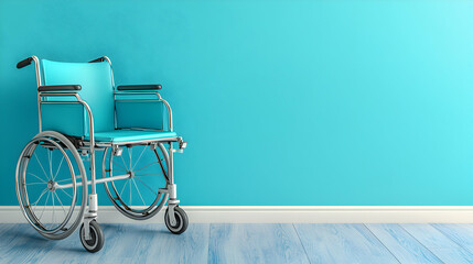 Teal Wheelchair Against a Turquoise Wall: A Symbol of Accessibility and Independence