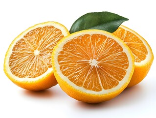 Fototapeta premium Close-Up of Fresh Orange Halves with Green Leaf on White Background showcasing vibrant colors and texture.
