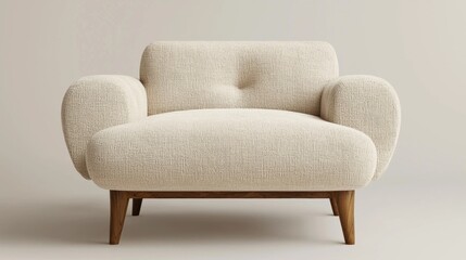 Modern armchair with a light beige fabric upholstery. the chair has a curved backrest and armrests, and four wooden legs that are slightly tapered at the bottom.