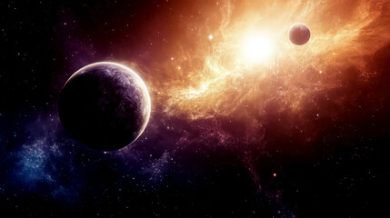 Obraz premium Cosmic landscape with planets and bright star for astronomy day celebration. Horizontal banner. Copy space