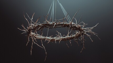 Obraz premium Digital illustration of a crown of thorns hanging from strings. the crown is made up of thin, twisted branches that are arranged in a circular shape.