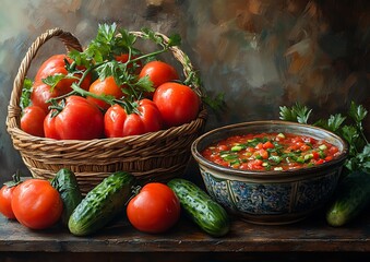 A basket of fresh tomatoes, bell peppers, and cucumbers next to a chilled bowl of gazpacho, creating a warm homely atmosphere with space for advertising text