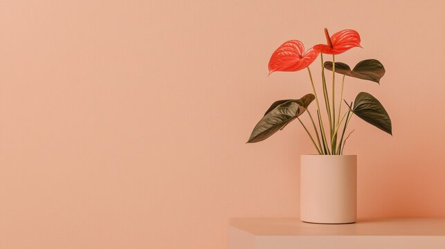 White vase with two red flowers in it. the vase is placed on a light pink surface against a plain peach-colored wall. the flowers are anthuriums with long, pointed leaves that are a vibrant red color.