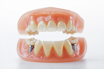 Dental implants displayed in a model of a human jaw demonstrating oral health and restoration procedures