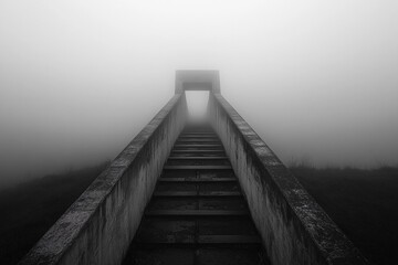 Misty wooden bridge leads to a lonely tree on a rocky island during early morning fog