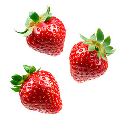 Fresh ripe strawberries falling in mid-air isolated on transparent background, Nutrition, diet, and summer freshness