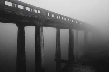 Misty wooden bridge leads to a lonely tree on a rocky island during early morning fog