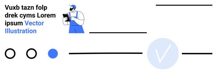 Courier wearing a cap and overalls holding a tablet device, aligned text, check mark, selectable options. Ideal for logistics, delivery tracking, business organization, service management, order