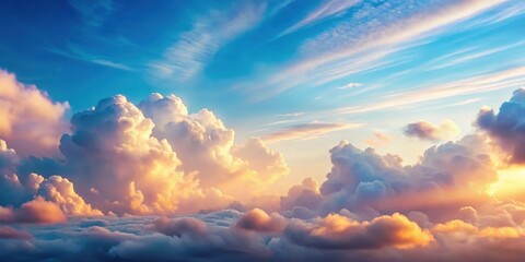 Fototapeta premium Soft pastel clouds drift lazily across a bright blue sky with warm sunlight filtering through the gap between them, casting dappled shadows on the ground below, serene, shadow
