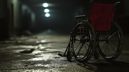 Night's Solitude: An Abandoned Wheelchair Under the Gloom of Night