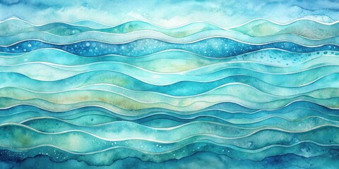 Fototapeta premium Detailed aquamarine watercolor strip multilayered background with wavy patterns and soft colors, ocean, illustration, ocean