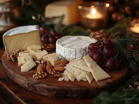 A rustic cheese board set on a wooden table, featuring various cheeses, grapes, and nuts, with soft lighting creating a warm environment, and space for a message