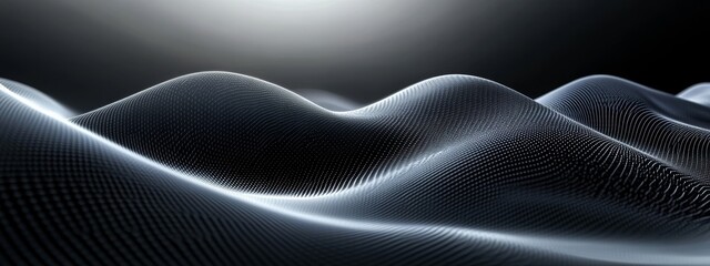 Minimalist abstract wallpaper featuring a wave pattern on a black background. Banner template with white space for text, suitable for modern and professional design purposes.