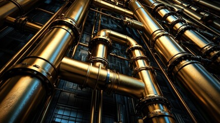Naklejka premium A complex network of gold and bronze pipes with dramatic lighting on a dark background