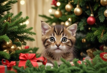 Tabby kitten peeking out from behind Christmas tree branch with presents , colorful tree branch, happy kitty playtime, cozy winter morning
