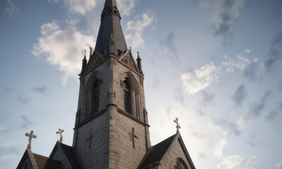 Fototapeta premium Tall spire of the church with a distinctive cross at the top, Spire, St Michaelis