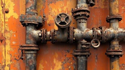 A complex network of metal pipes and industrial valves displayed on a burnt orange background