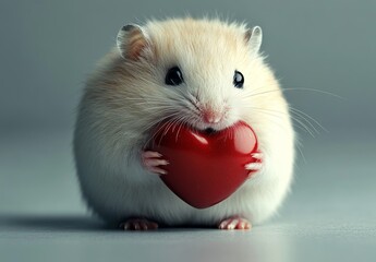 The image features a cute white mouse clutching a red heart with a lively and playful look in a plain setting