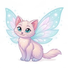 Obraz premium A cute, fluffy cat with sparkling blue wings sitting adorably, embodying a whimsical and magical fantasy theme.