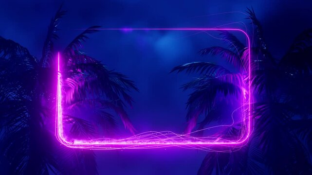 Dynamically drawn neon frame between palm trees. Infinitely looped animation