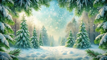 Snowy Forest Scene With Greenery, green plants, thin snow, forest, nature, winter, trees, foliage, evergreen, branches