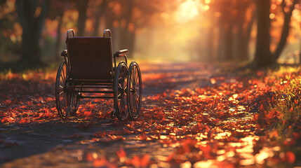 Autumnal Solitude: A Wheelchair on a Leaf-Strewn Path