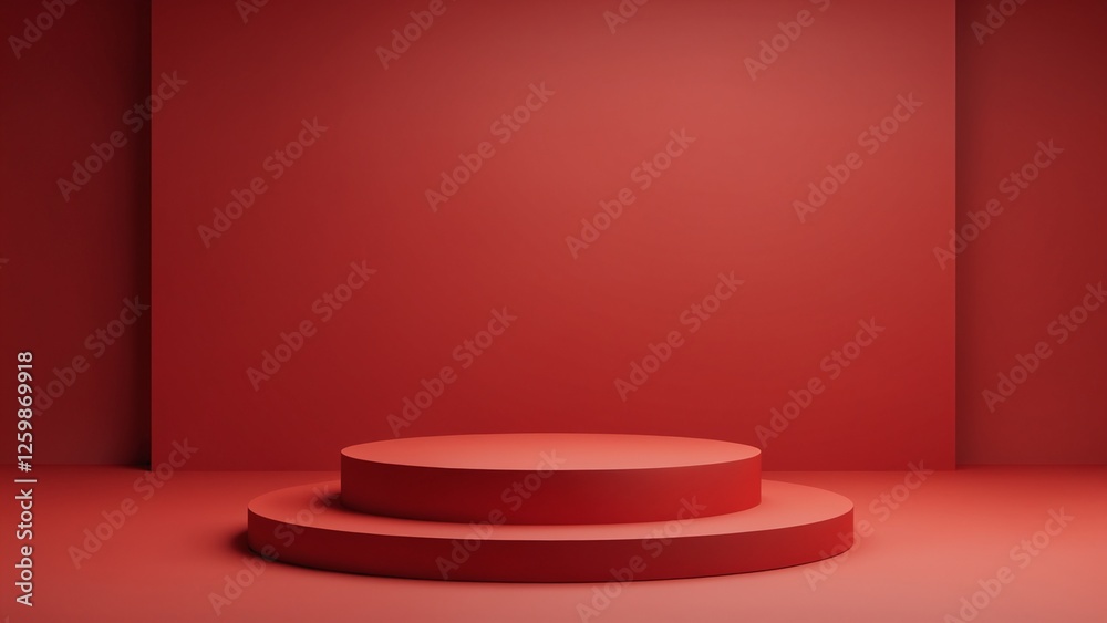 Aufkleber Pedestal of platform display with modern stand podium on red room background. Blank Exhibition stage backdrop or empty product shelf. 3D rendering