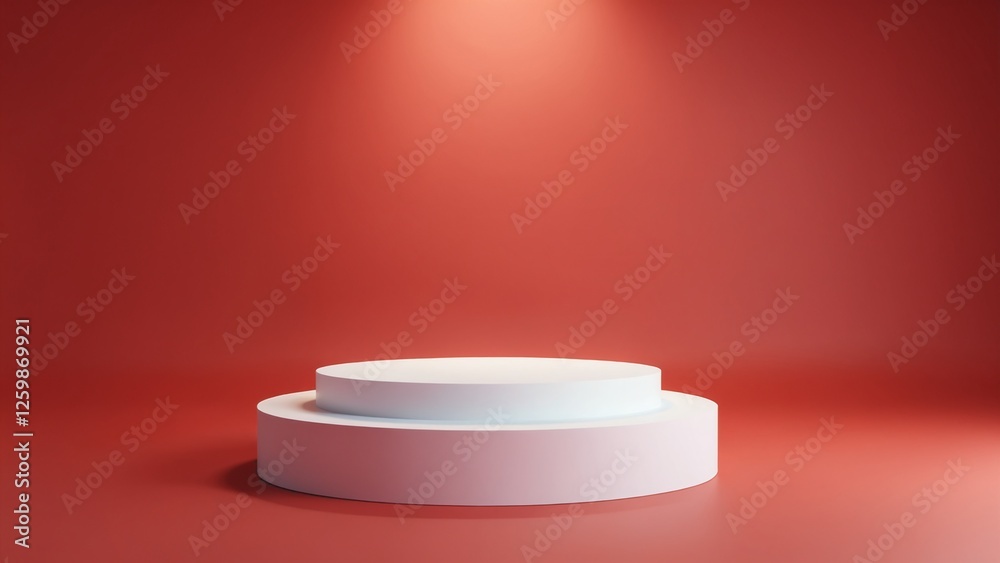 Aufkleber Pedestal of platform display with modern stand podium on red room background. Blank Exhibition stage backdrop or empty product shelf. 3D rendering