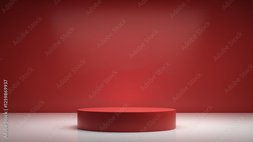 Aufkleber Pedestal of platform display with modern stand podium on red room background. Blank Exhibition stage backdrop or empty product shelf. 3D rendering