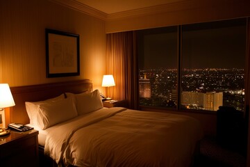Hotel room at night with city lights, for travel accommodation and relaxation