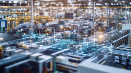Fototapeta premium A conceptual industrial supply chain map with D nodes on a high-tech silver background